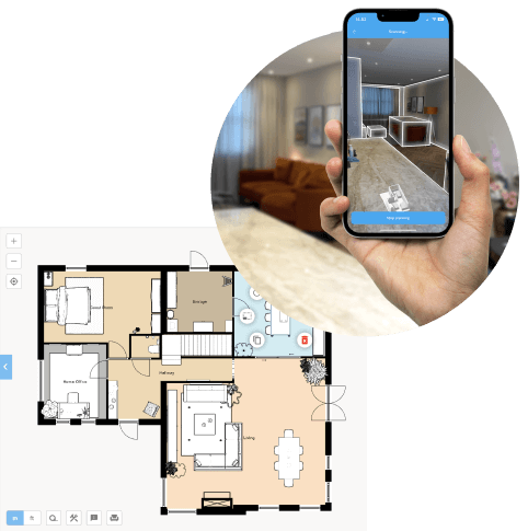 Floorscanner app interface shown creating a 2D floor plan digital twin