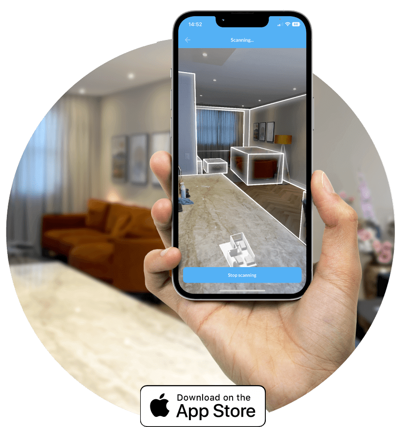 An image of the Floorscanner mobile app on a mobile phone scanning a room