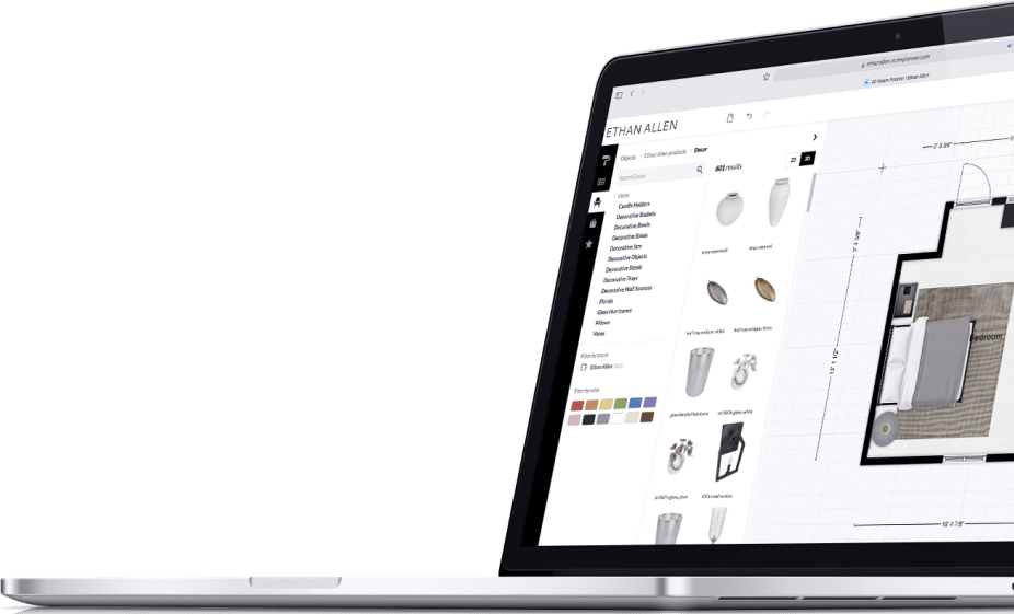 Laptop showing Floorplanner®极速赛车168体彩开奖官网开奖interface with interior design products